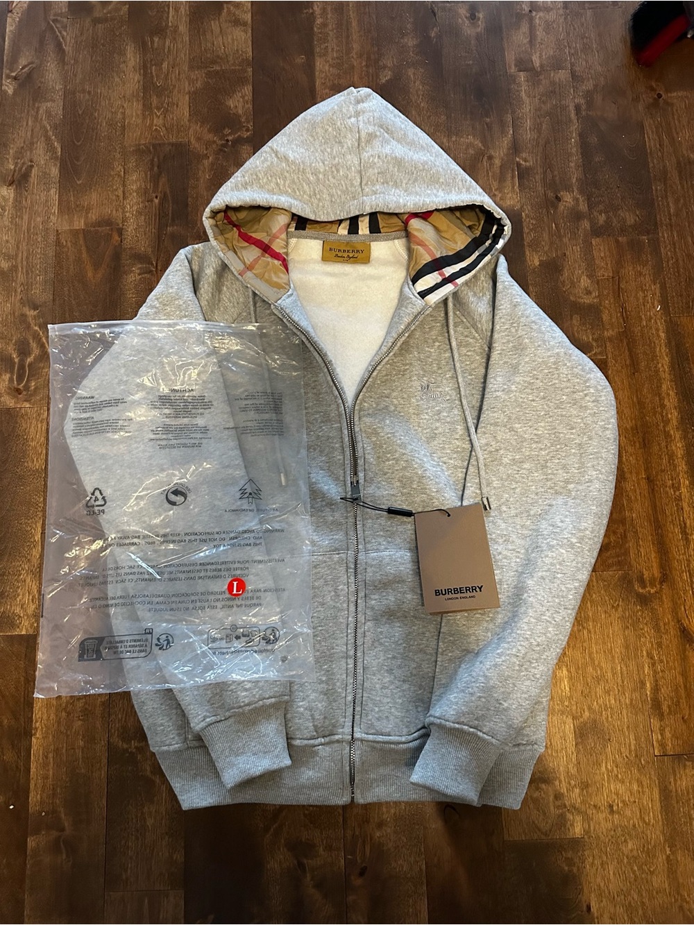 Burberry Light Gray Hooded Zip Jacket with Signature Check Lining